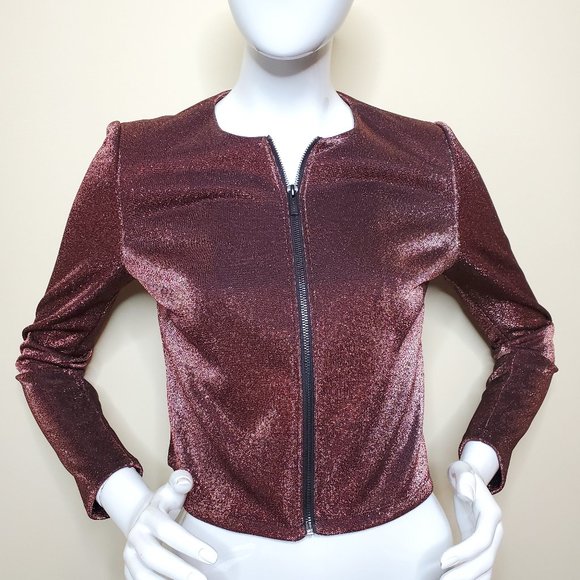 T Tahari Women's Bronze Shine Metallic Full Zip Cropped Jacket SZ XS - Picture 1 of 9